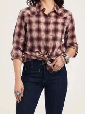 Ariat Billie Jean Flannel Shirt Red Nora Plaid Western Cowgirl Size Medium